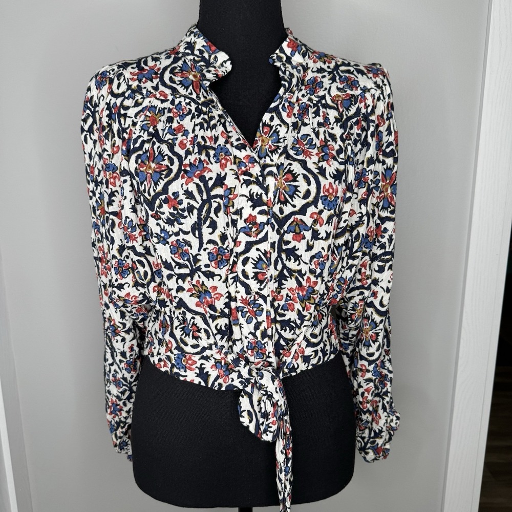NWT Cynthia Rowley Tie Front Blouse Small Floral Long Sleeve Rayon Smocked Waist